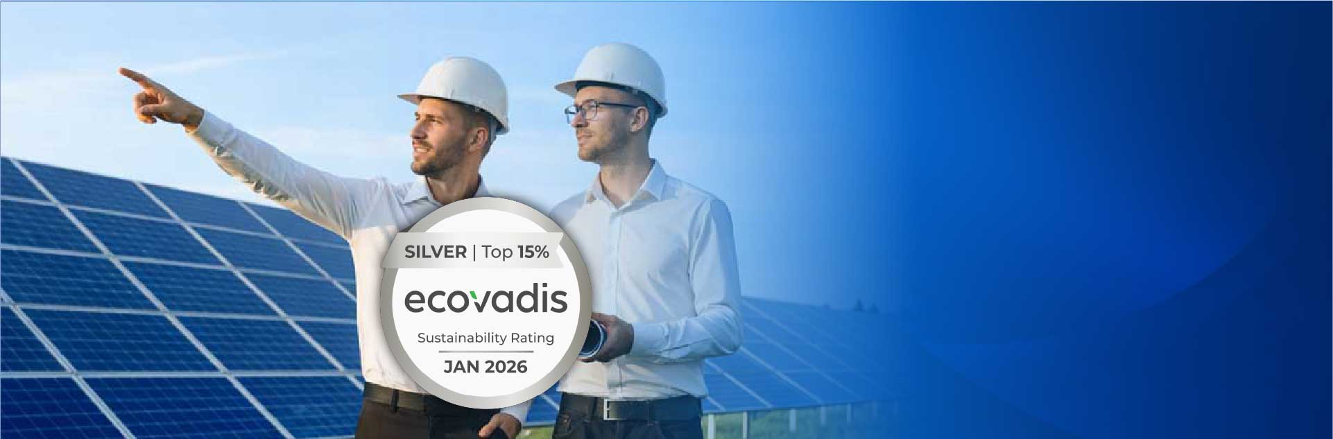Blog-post-banner-Advert-and-video Blog banner shows field workers in a solar farm with the EcoVadis Silver Rating Badge for Perlight Solar
